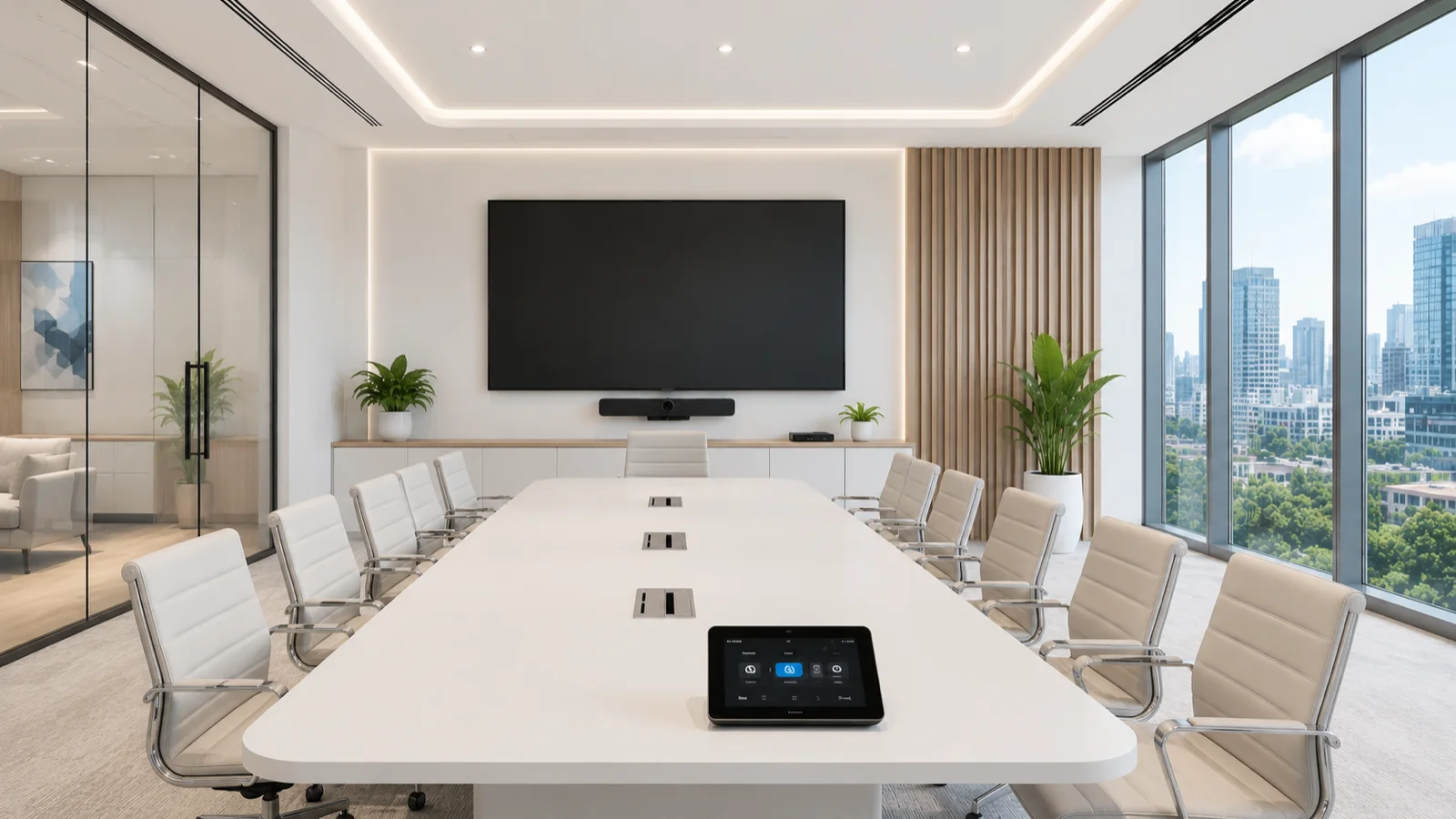 Person bedient nanoblue TouchPanel im Meetingraum